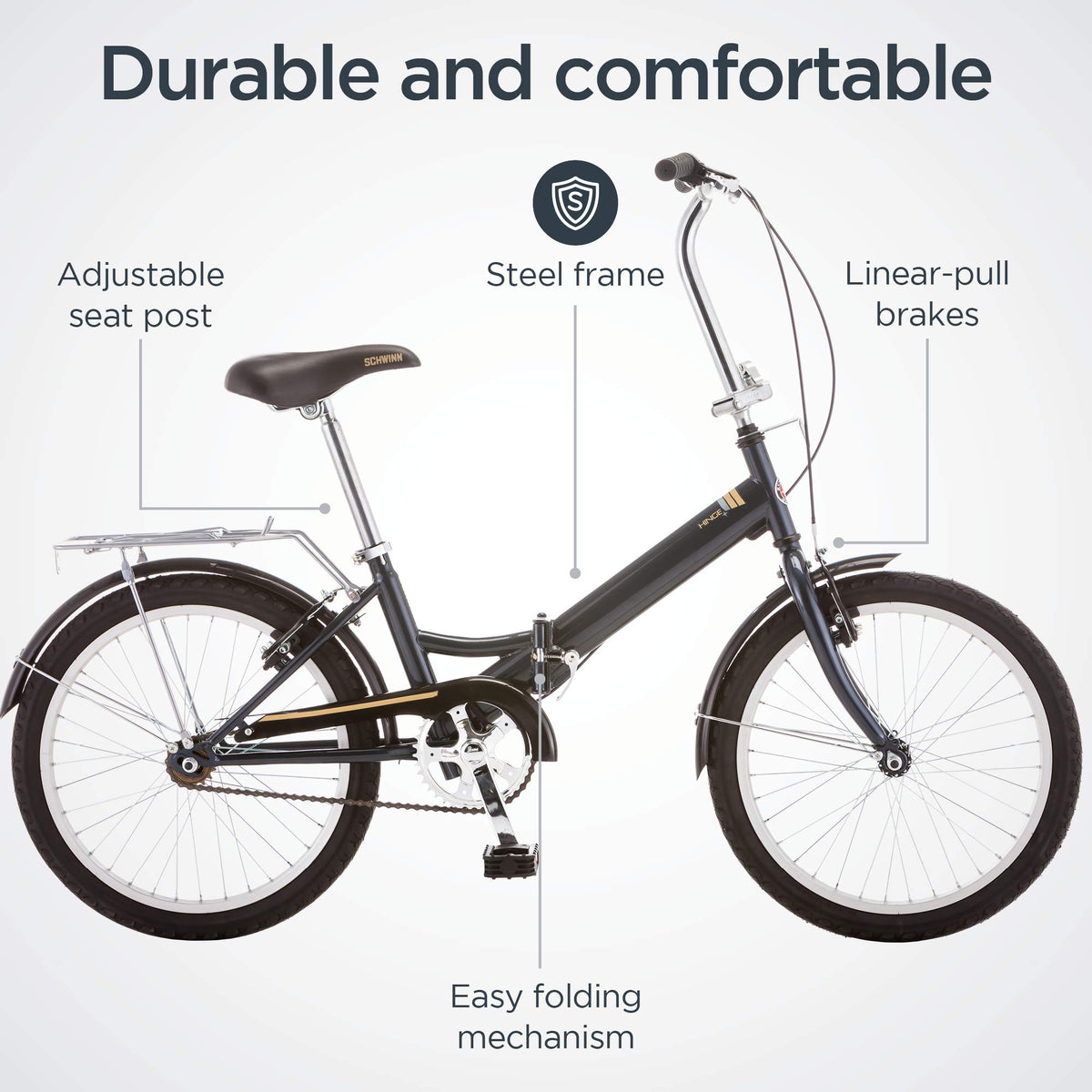 Schwinn Hinge Adult Folding Bike, 20" Alloy Wheels, Single-Speed, Rear Cargo Rack, Carrying Bag Included, Grey, Men & Women