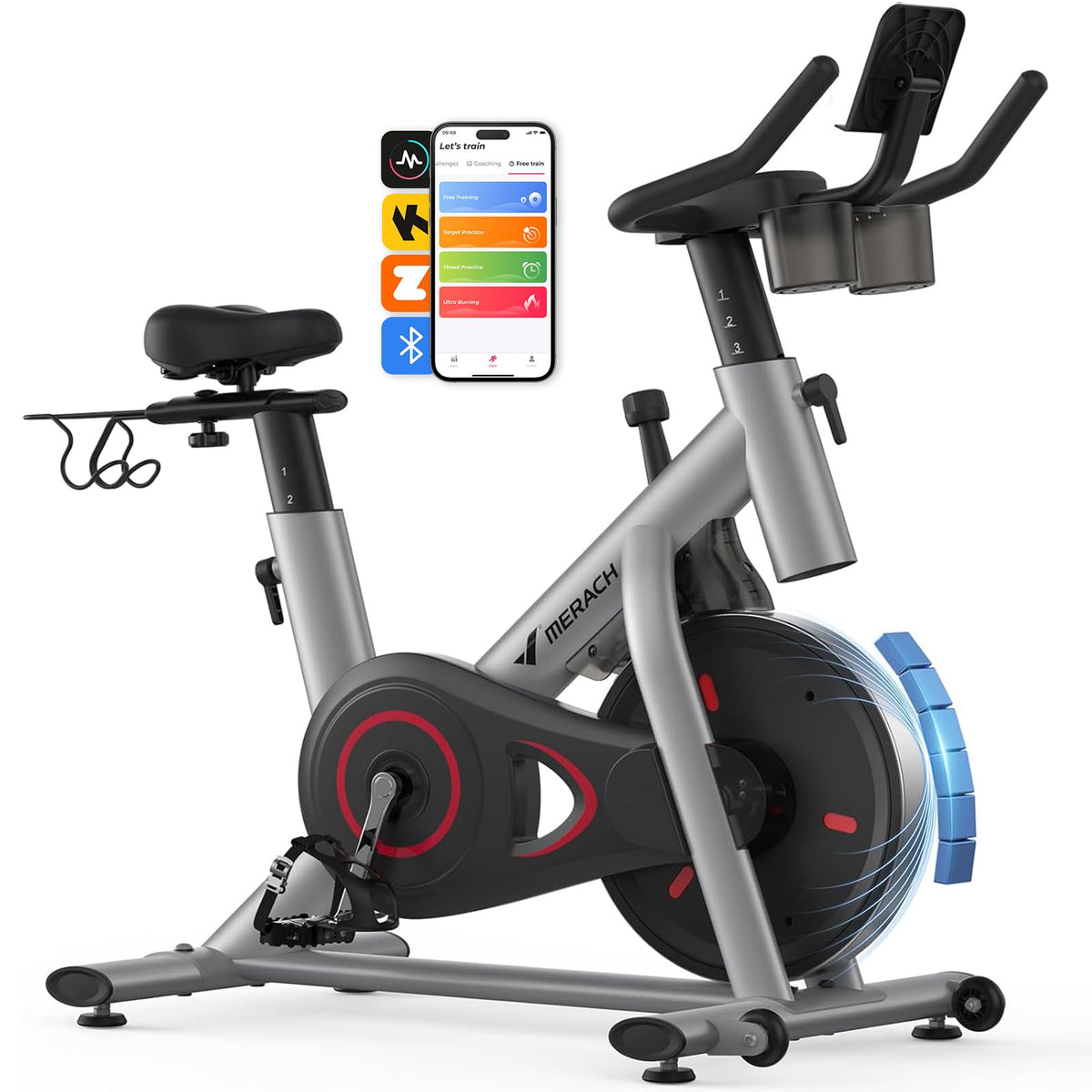 MERACH Exercise Bike, Magnetic Indoor Cycling Bike, 270 lb Capacity, Low Noise, App Compatible, Dumbbell Rack, Fitness Courses