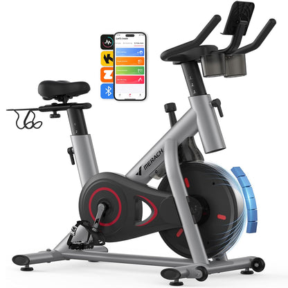 MERACH Exercise Bike, Magnetic Indoor Cycling Bike, 270 lb Capacity, Low Noise, App Compatible, Dumbbell Rack, Fitness Courses