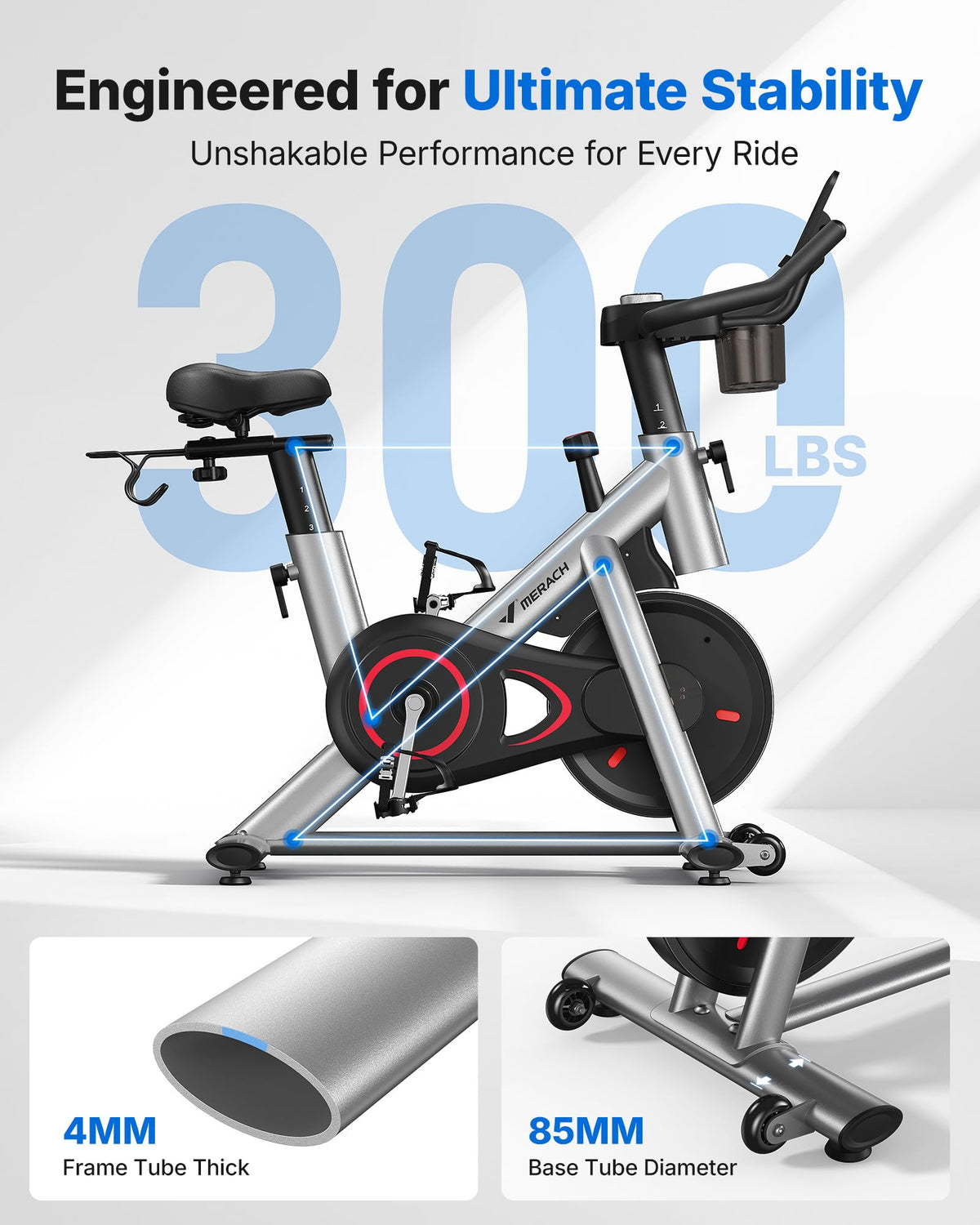 MERACH Exercise Bike, Magnetic Indoor Cycling Bike, 270 lb Capacity, Low Noise, App Compatible, Dumbbell Rack, Fitness Courses