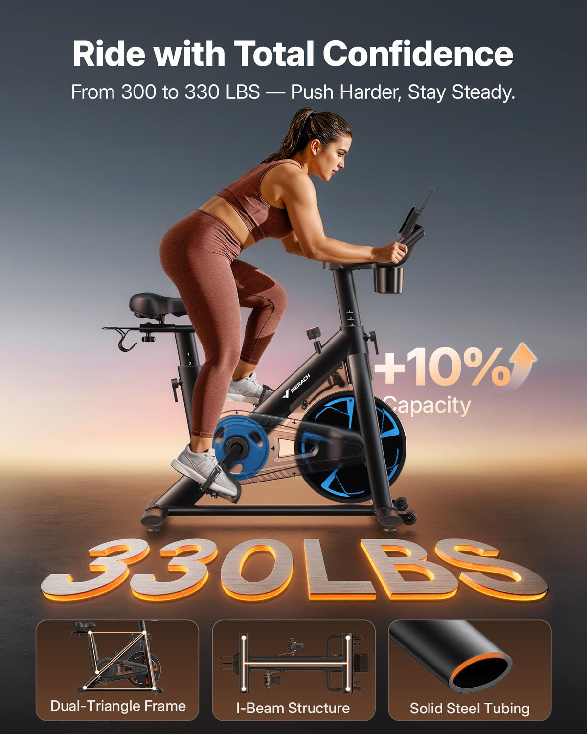 MERACH Magnetic Exercise Bike, Low-Noise Stationary Spin Bike, 332 lb Capacity, Comfortable Seat, App Compatible, Tablet Mount, Home Fitness Bike