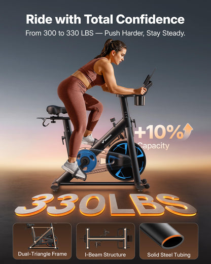MERACH Magnetic Exercise Bike, Low-Noise Stationary Spin Bike, 332 lb Capacity, Comfortable Seat, App Compatible, Tablet Mount, Home Fitness Bike