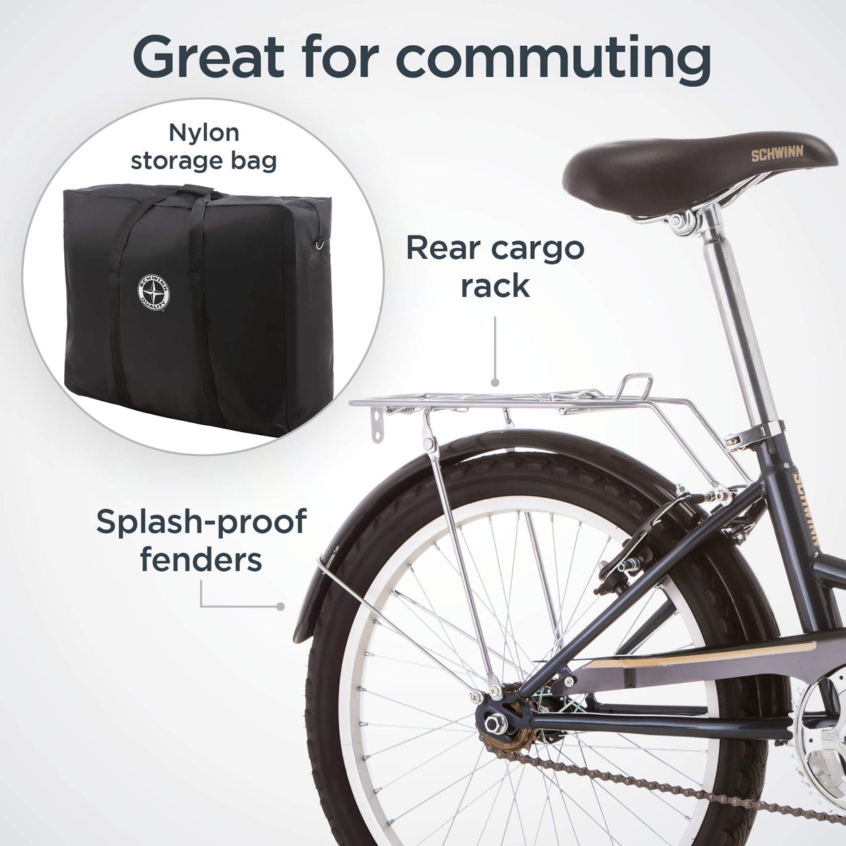 Schwinn Hinge Adult Folding Bike, 20" Alloy Wheels, Single-Speed, Rear Cargo Rack, Carrying Bag Included, Grey, Men & Women