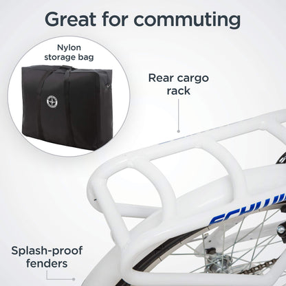Schwinn Loop Adult Folding Bike, 20" Wheels, 7-Speed, Rear Cargo Rack, Carrying Bag Included, White, Men & Women
