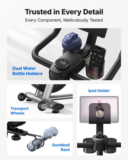 MERACH Exercise Bike, Magnetic Indoor Cycling Bike, 270 lb Capacity, Low Noise, App Compatible, Dumbbell Rack, Fitness Courses