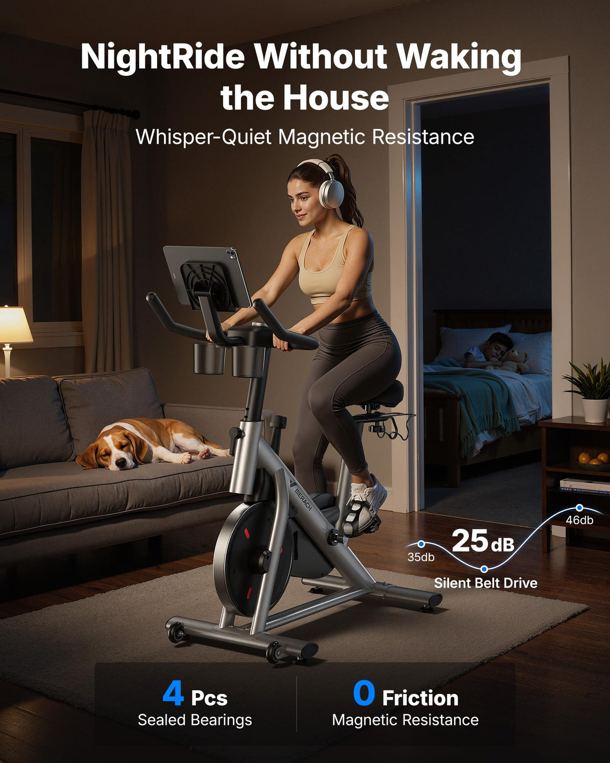 MERACH Exercise Bike, Magnetic Indoor Cycling Bike, 270 lb Capacity, Low Noise, App Compatible, Dumbbell Rack, Fitness Courses