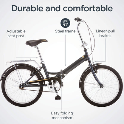 Schwinn Hinge Adult Folding Bike, 20" Alloy Wheels, Single-Speed, Rear Cargo Rack, Carrying Bag Included, Grey, Men & Women