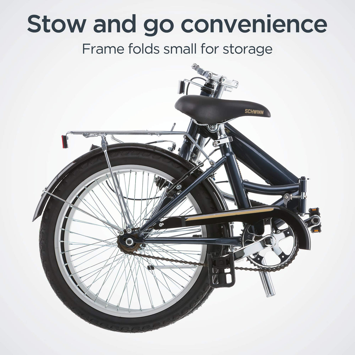 Schwinn Hinge Adult Folding Bike, 20" Alloy Wheels, Single-Speed, Rear Cargo Rack, Carrying Bag Included, Grey, Men & Women