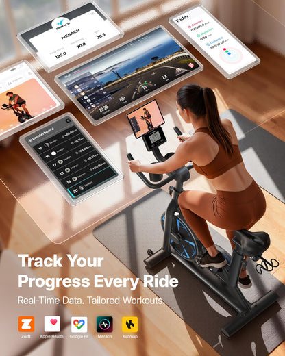 MERACH Magnetic Exercise Bike, Low-Noise Stationary Spin Bike, 332 lb Capacity, Comfortable Seat, App Compatible, Tablet Mount, Home Fitness Bike