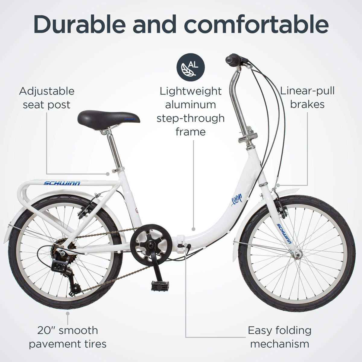 Schwinn Loop Adult Folding Bike, 20" Wheels, 7-Speed, Rear Cargo Rack, Carrying Bag Included, White, Men & Women