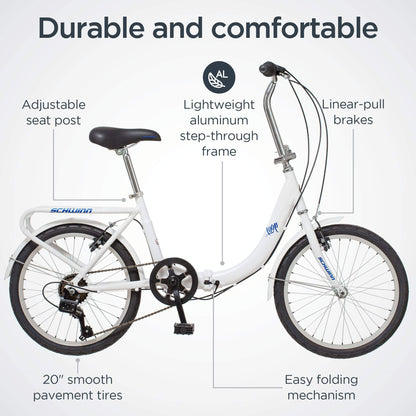 Schwinn Loop Adult Folding Bike, 20" Wheels, 7-Speed, Rear Cargo Rack, Carrying Bag Included, White, Men & Women
