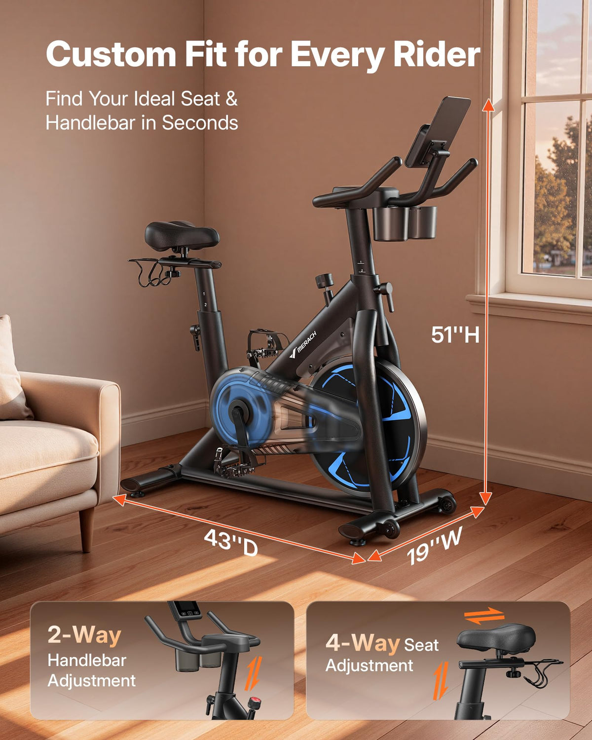 MERACH Magnetic Exercise Bike, Low-Noise Stationary Spin Bike, 332 lb Capacity, Comfortable Seat, App Compatible, Tablet Mount, Home Fitness Bike