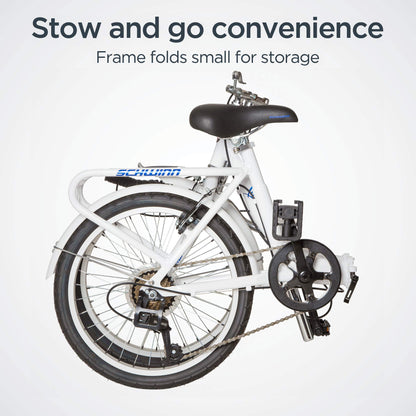 Schwinn Loop Adult Folding Bike, 20" Wheels, 7-Speed, Rear Cargo Rack, Carrying Bag Included, White, Men & Women