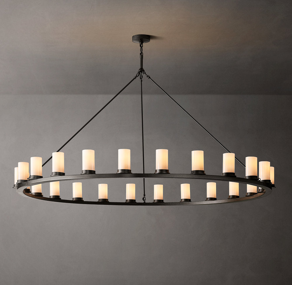 Forged Iron Milk Glass Halo Chandelier