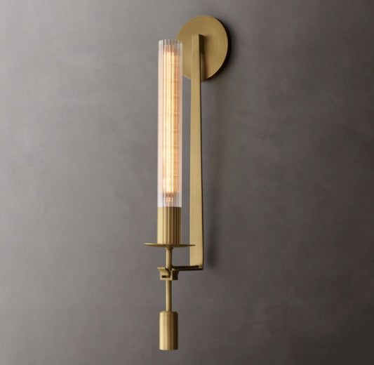 Ribbed Glass Brass Column Sconce