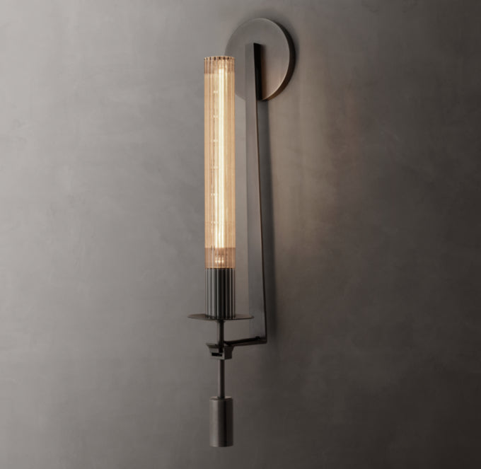 Ribbed Glass Brass Column Sconce