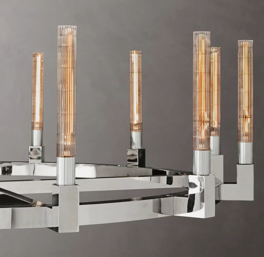 Ribbed Glass Brass Ring Chandelier