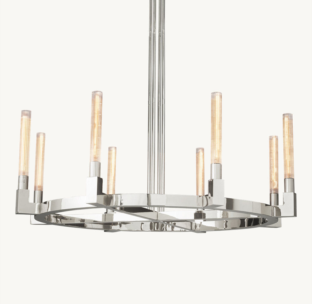 Ribbed Glass Brass Ring Chandelier