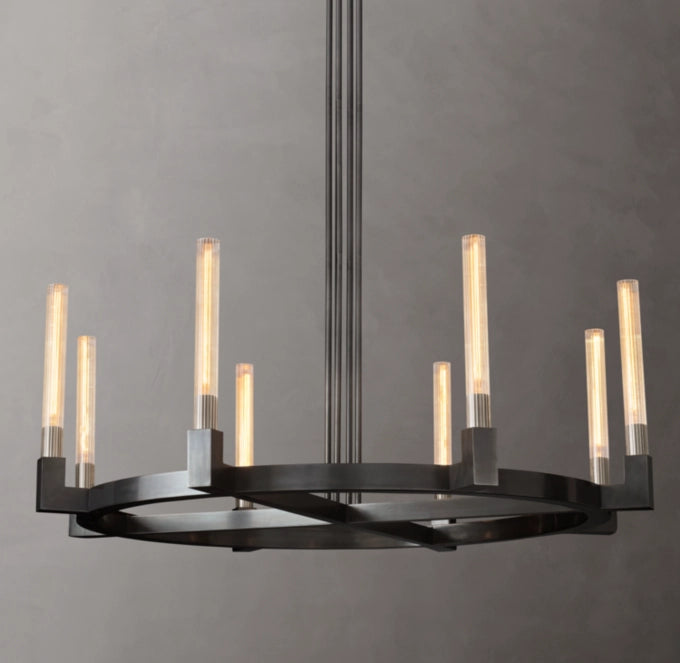 Ribbed Glass Brass Ring Chandelier