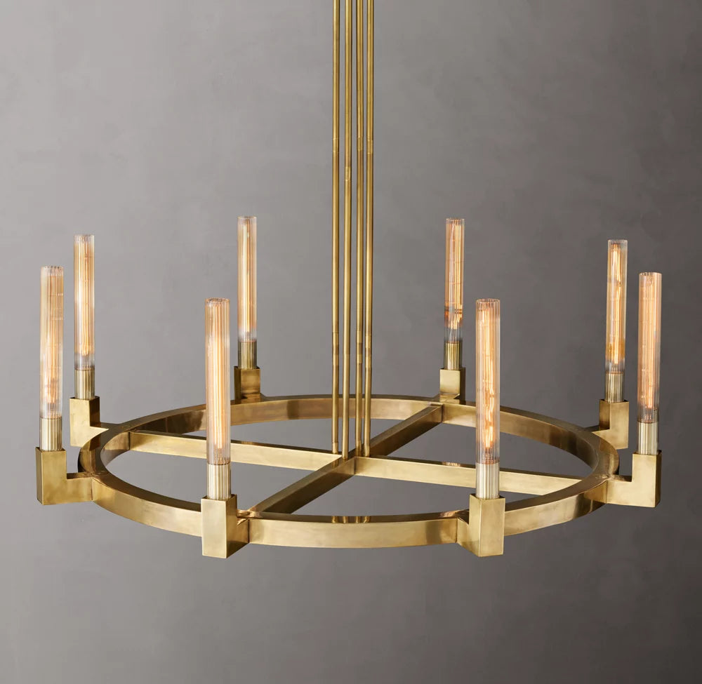 Ribbed Glass Brass Ring Chandelier